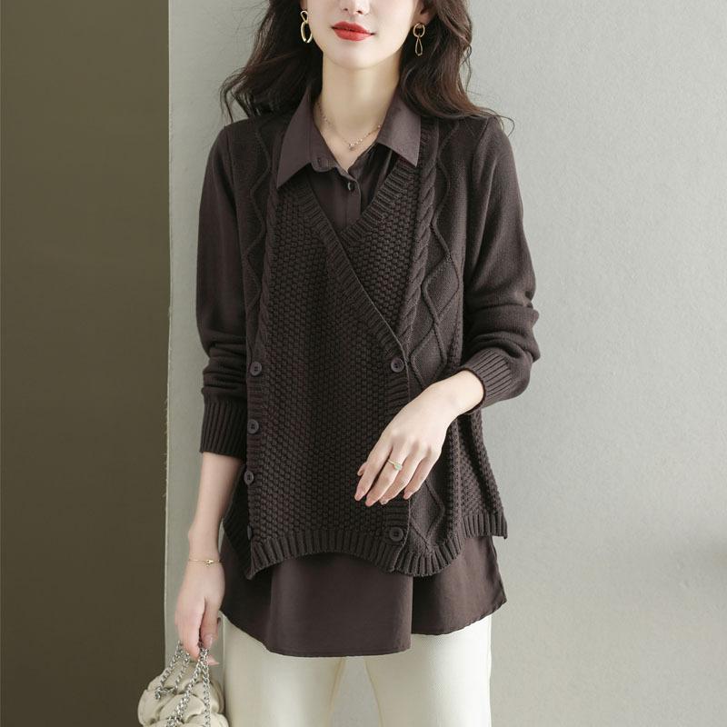 Autumn Loose Shirt Collar Sweater Fake Two-piece Pullover Top Women's Solid Long Sleeve Mid Length Knitted Sweater
