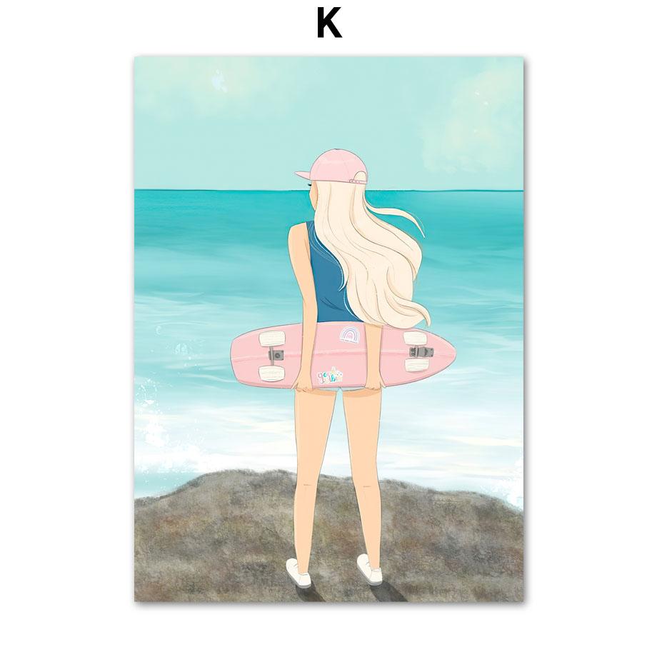 Поза дерева для йоги, скандинавский постер, Мальдивы, шляпа от солнца для серфинга, пляжная девушка, настенная живопись, холст, картина, домашний декор, фотографии для гостиной