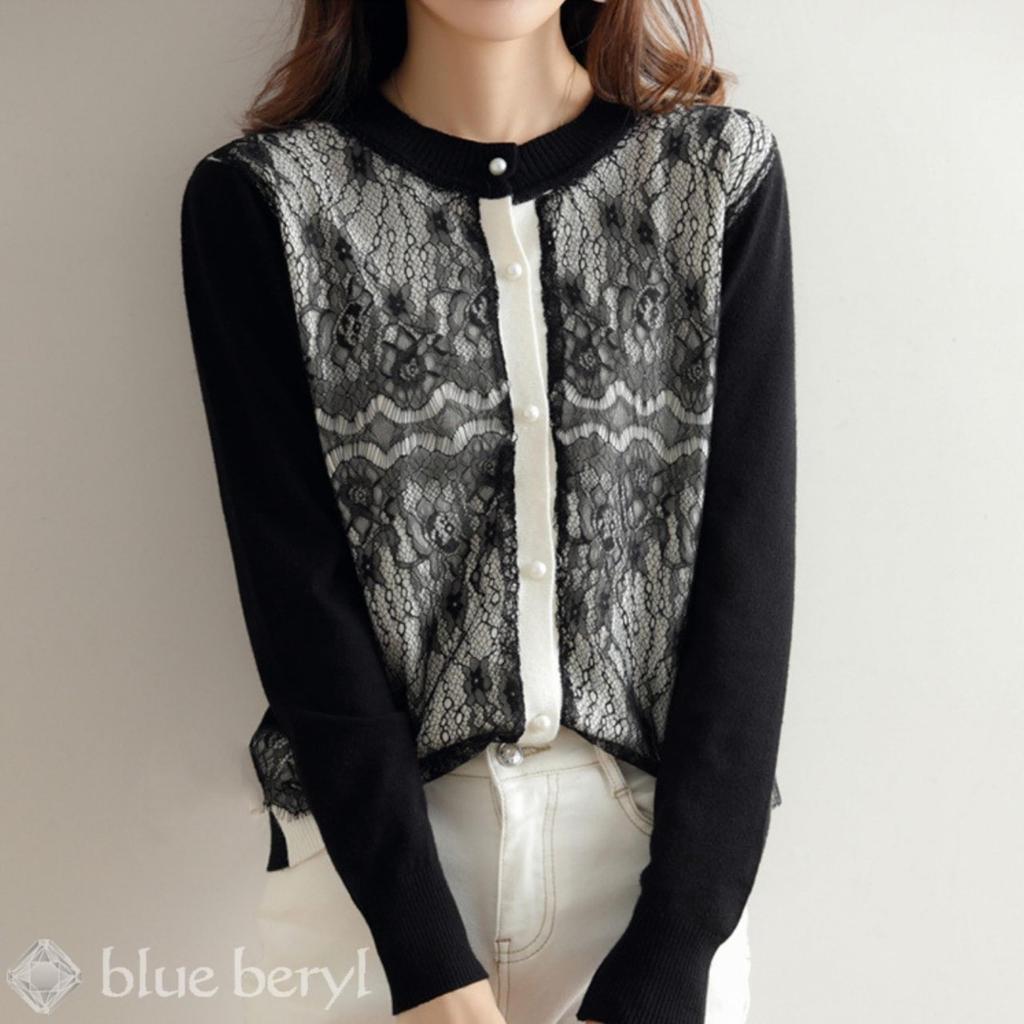 Вязаный Кружевной Жемчужный Длинный Круглый [Голубой Берилл] [Ограниченный Запас] [Голубой Берилл] Женский Кардиган, Перед, Пуговицы, Рукава, Горловина, Отделка, Черный, BB022-BK-S