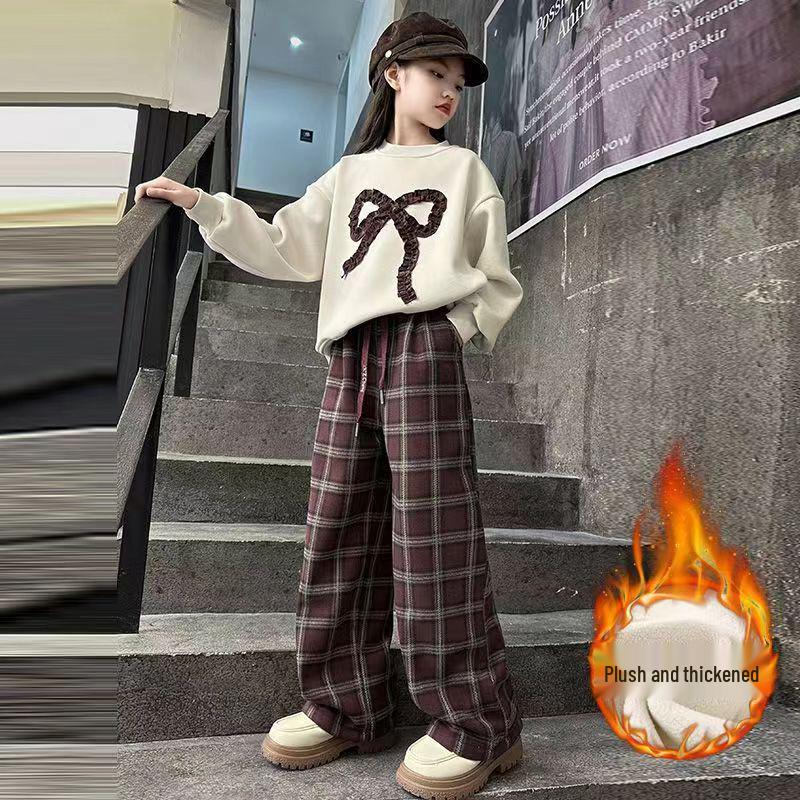 Модный клетчатый брючный костюм для девочек и толстовка с бантом - Осень/Зима 2025