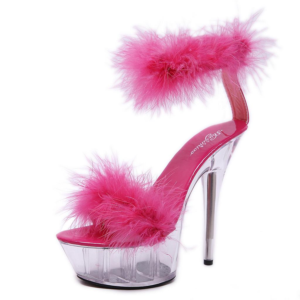 Model High Heels Stiletto Sexy Black Waterproof Table High Super High Heel Fluffy Sandals Women's Summer