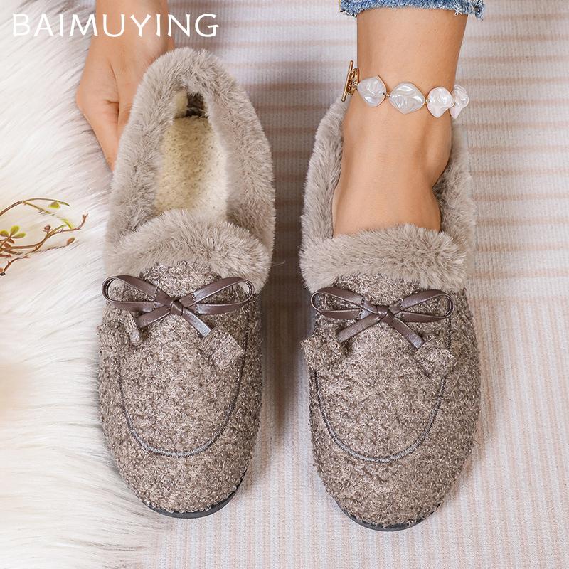 Туфли на плоской подошве женские мокасины с бантом из меха дизайнерская повседневная обувь короткие плюшевые хлопковые сапоги зимние новые брендовые теплые тренды 2024 года Zapatos Femme