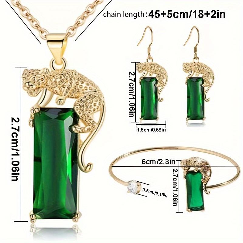 Fashion Green Leopard Rectangular Crystal Earrings Necklace Bangle 3 Piece Set Banquet Wedding Jewelry Set Birthday Gift