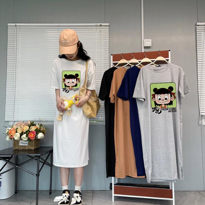 Short-sleeved t-shirt women's summer new large size fat mm Korean medium and long loose bf lazy t-shirt skirt maternity dress