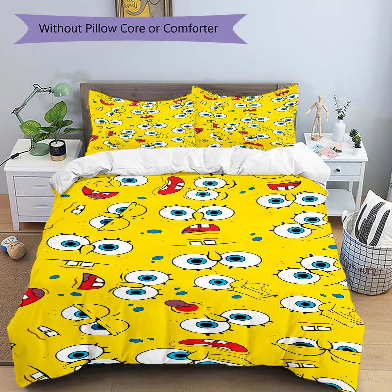 3pcs bedding set SpongeBob Expressions Includes 1 Comforter + 2 Pillowcases, Without Pillow Inserts, Soft Comfortable, Lightweight Breathabl
