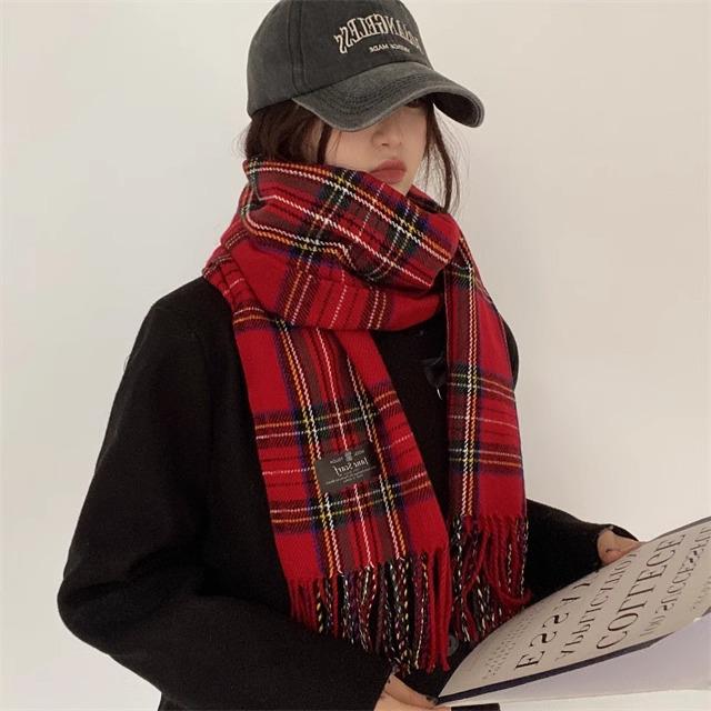 Korean Style Women's Red Plaid Winter Scarf - Warm & Thick Shawl