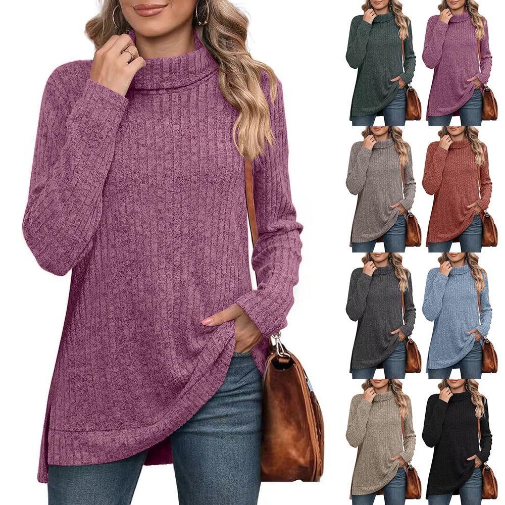 Women's Top Turtleneck Sweaters Side Slit Solid Color Pullovers Autumn and Winter Long Sleeve T-shirt Knitted Sweaters