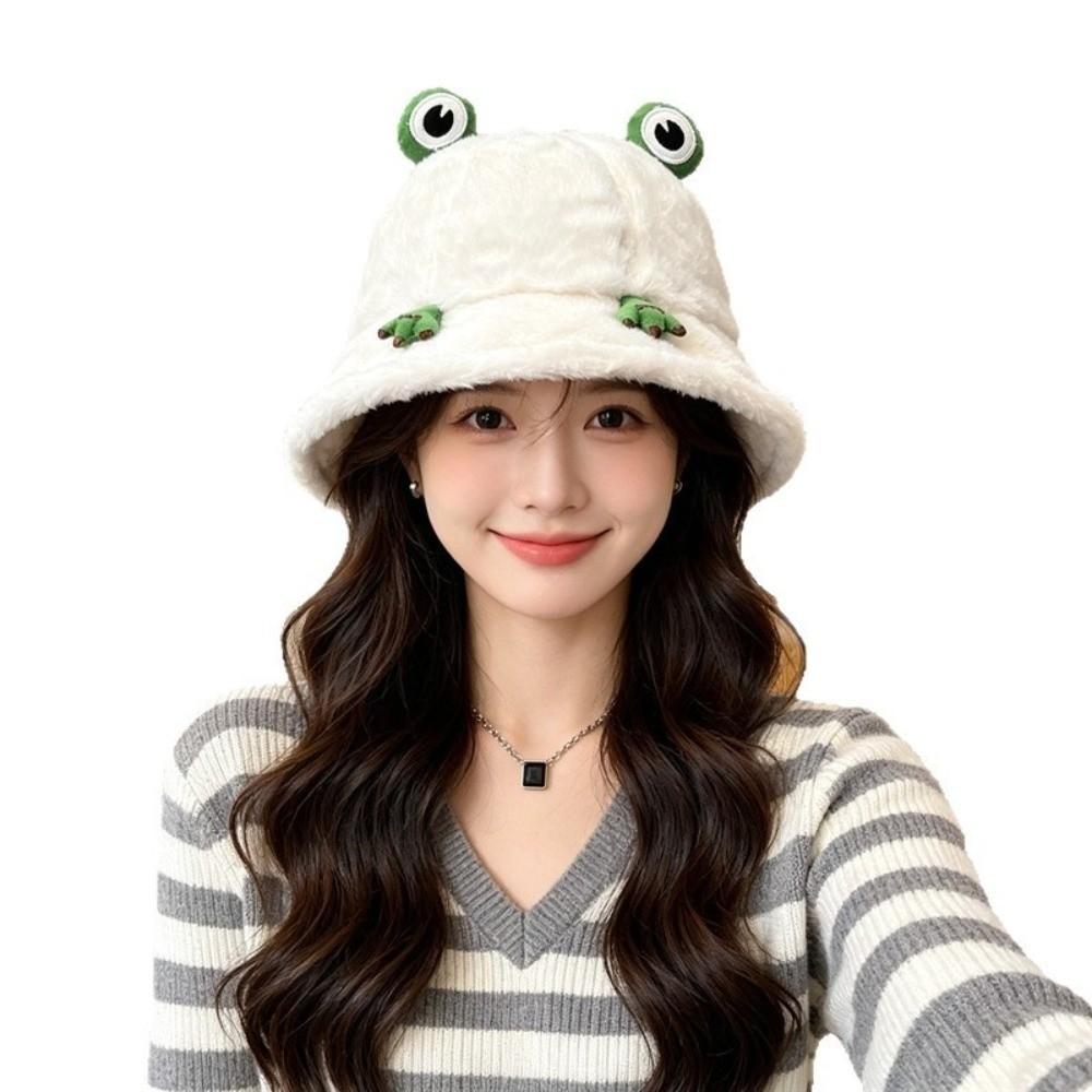 Thickened Plush Bucket Hat No Brim Winter Hat Cute Frog Warm Hat Winter