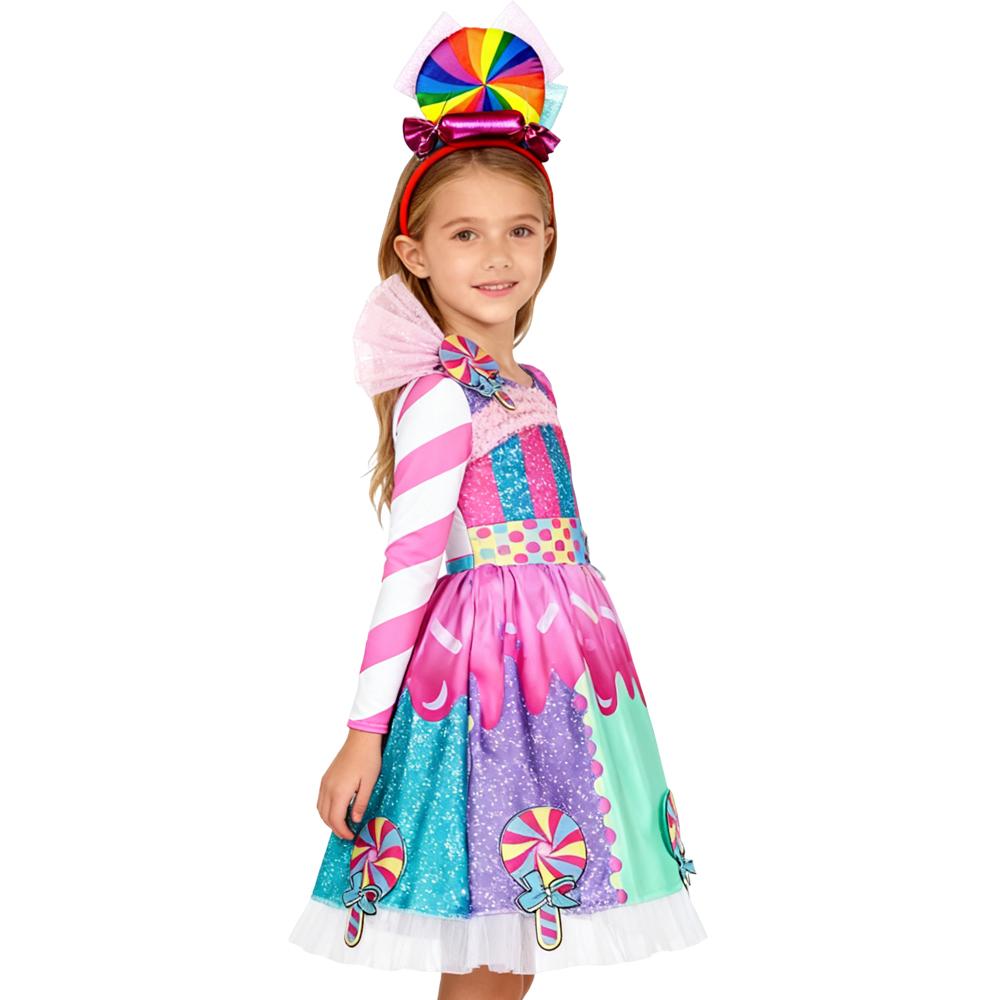 Kids Purim Disguise Rainbow Candy Dress With Headband Lollipop Cosplay Costume Children Dress Birthday Carnival Party Gift