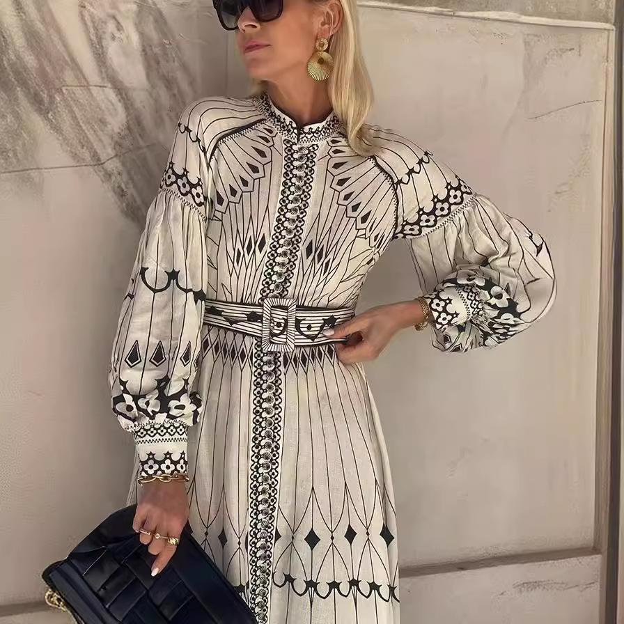 YYFS Women's Fashion Spring Fall Flower Pattern Print Long Sleeve Stand-collar High Waist Casual Dresses