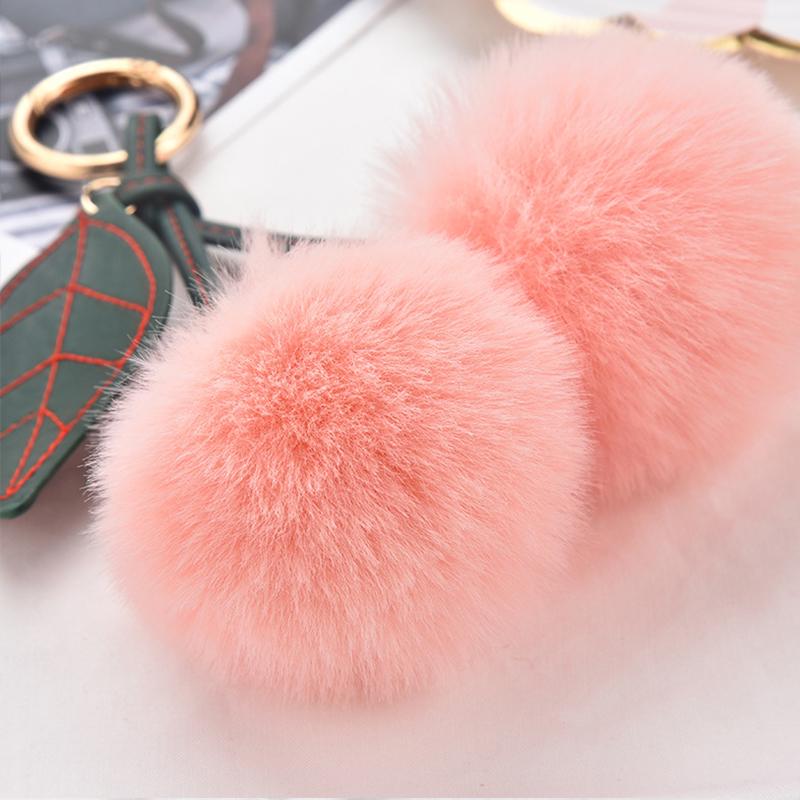1PC Soft Plush Ball Key Chain Faux Fur Cherry Car PomPom Pendant Keyring