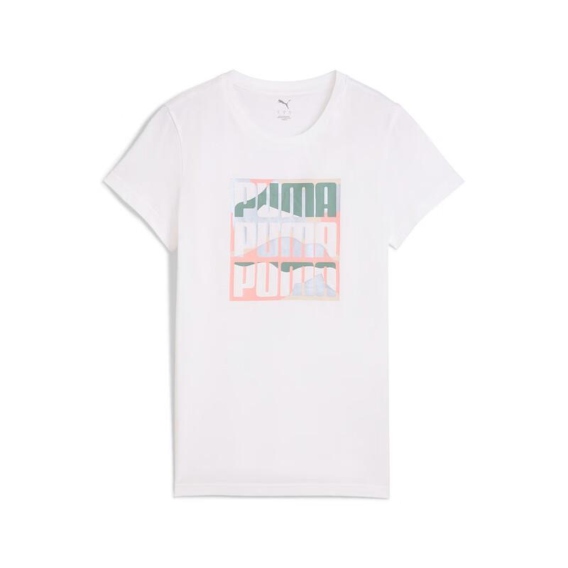 Puma Graphics Mountain Tee Fashion Sports Casual Short Sleeve Regular T-Shirt Women Tops White Pink 687716-02