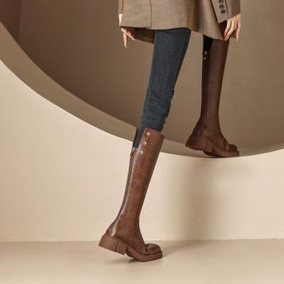 Модные длинные сапоги для женщин в стиле вестерн-панк, на среднем каблуке, с круглым носком, коричневые, высотой до колена, обувь с голенищем, женские демисезонные водонепроницаемые сапоги New Rock