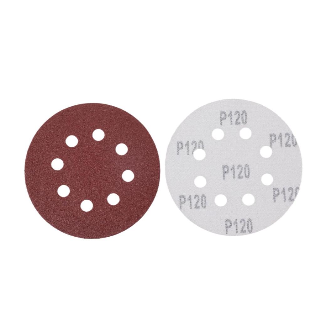 5-Inch 8-Hole Flocked Red Sandpaper Disc, Brown Corundum, for Metal Rust Removal and Putty Sanding