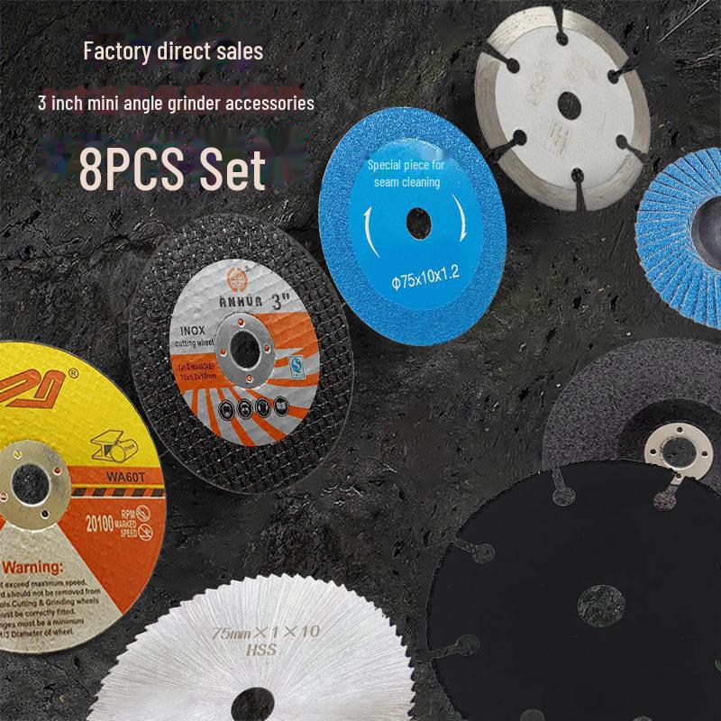 3" Mini Angle Grinder 8-Piece Set: 75x1.2x10mm Brazing Cutting & Grinding Blades