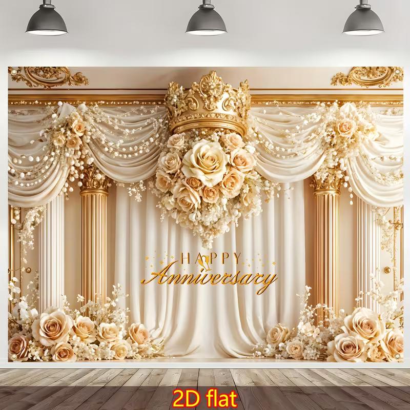 2D Elegant Gold Crown Anniversary Photo Booth Background