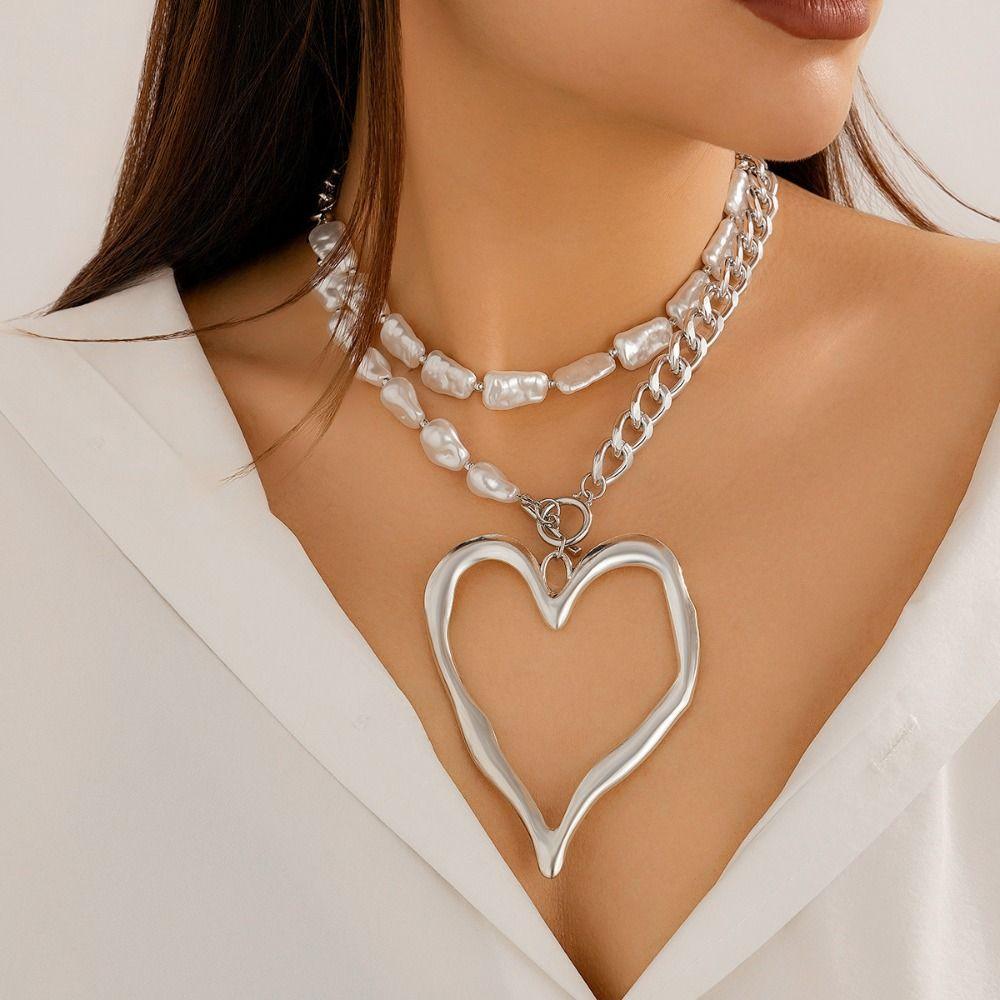 Exaggerated Size Heart Pendant Necklace Big Love Multilayer Pearl Necklace  Date Night