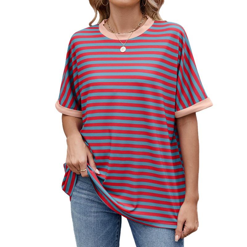 Женская летняя новая полосатая футболка с круглым вырезом и коротким рукавом в стиле Clash Color