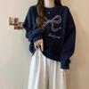 Women's Bow Embroidery Round Neck Sweatshirt - Loose Fit, Spring/Autumn Fashion