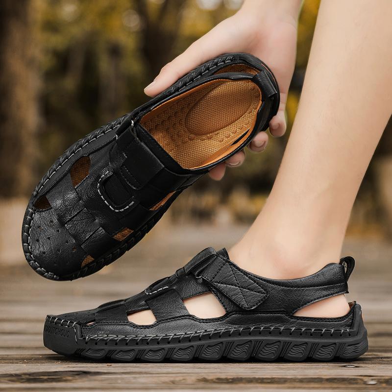 Мужские сандалии для улицы, быстросохнущие, ручной работы, летняя мужская обувь, новые повседневные кожаные пляжные шлепанцы с защитой пальцев от ударов, сандалии-рома
