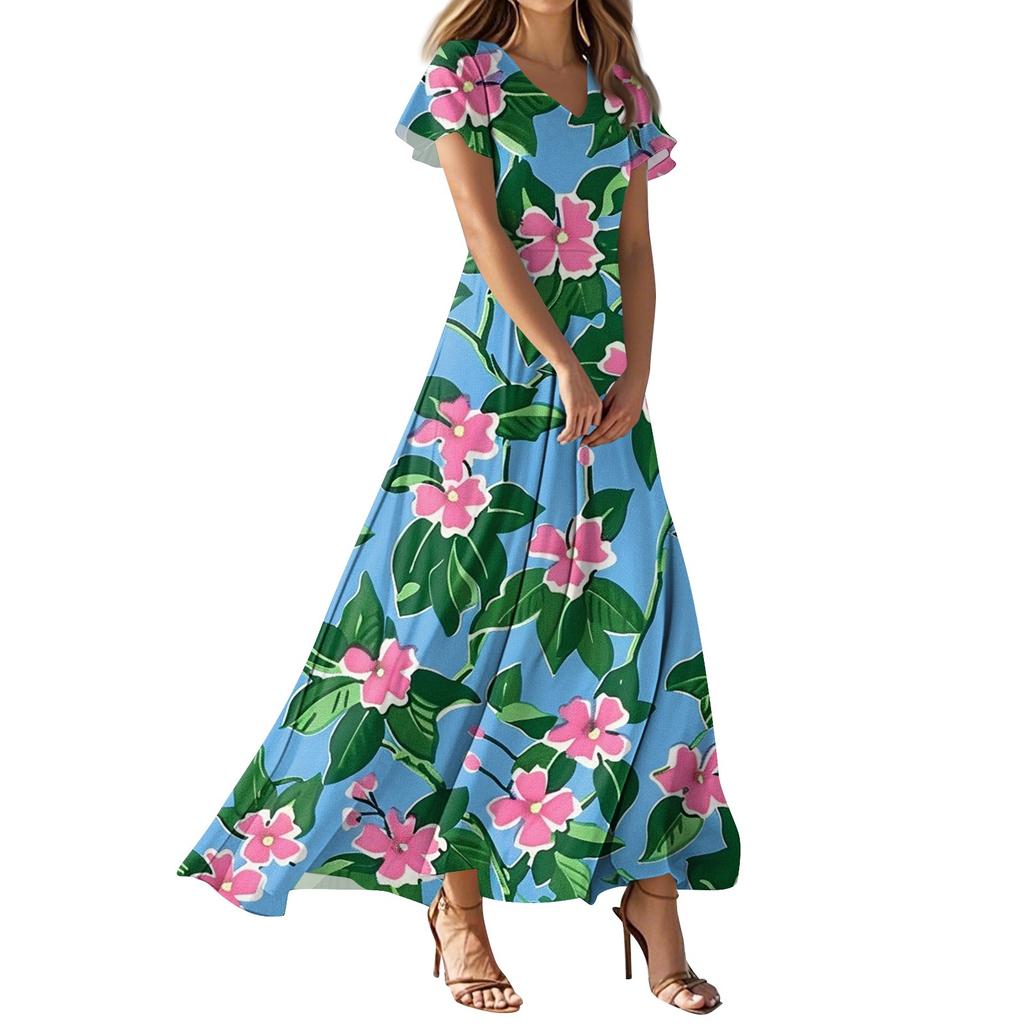 Женское повседневное платье с V-образным вырезом, коротким рукавом, высокой талией и принтом в виде цветов и листьев в стиле ретро