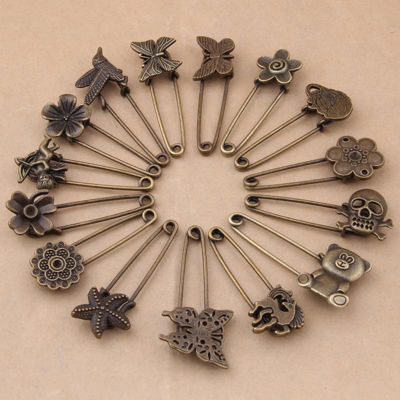 2pcs Alloy Antique Brass Vintage Flower Brooch Safety Pins For Garment Accessories Scarf Clip Pins