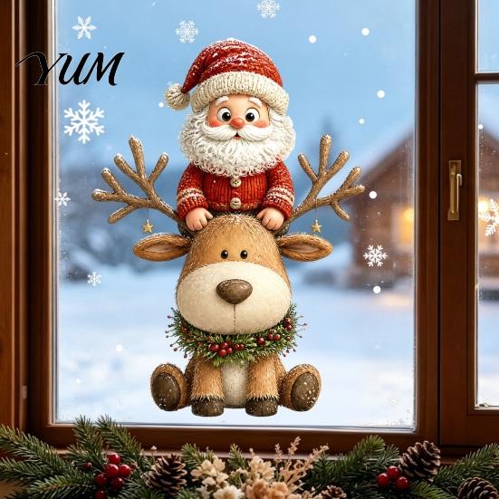 Christmas Window Clings Cling, Santa Claus and Reindeer PVC Decals, Waterproof Static Seasonal Store Display Glass Stickers for Holiday Home