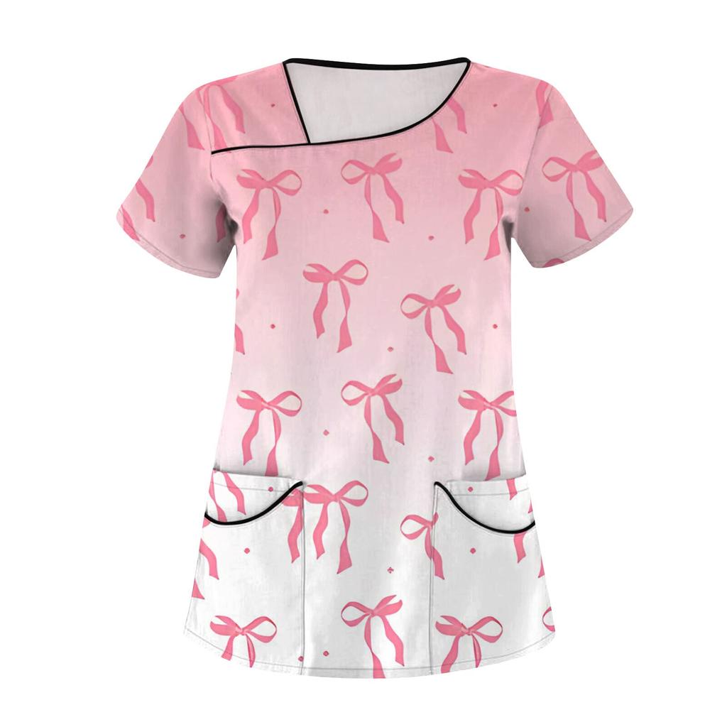 Женская мода с бантом и принтом, короткий рукав, рабочая одежда с двойными карманами