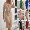 Lady Commuting Dress Turn-down Collar V Neck Lace-up Belted Waist Dress Single-breasted Long Sleeves with Cufflink Split Hem OL Office Midi Dress