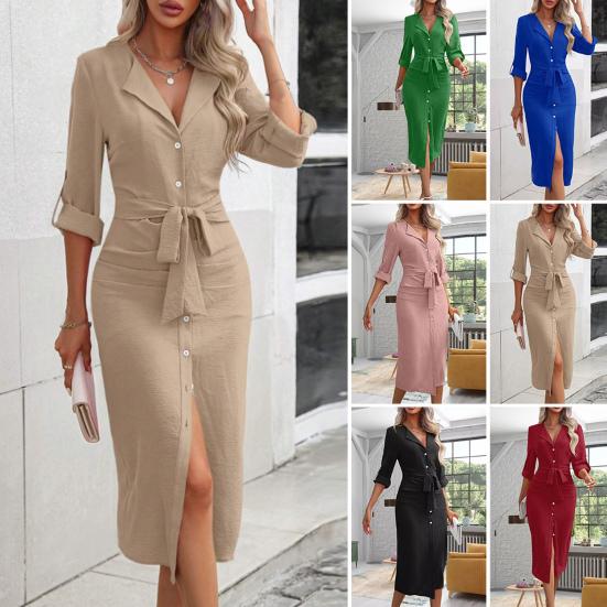 Lady Commuting Dress Turn-down Collar V Neck Lace-up Belted Waist Dress Single-breasted Long Sleeves with Cufflink Split Hem OL Office Midi Dress