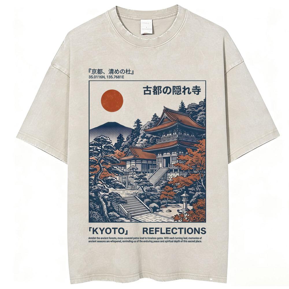Vintage Japanese Osaka Dotonbori Crab Cityscape Graphic T Shirts Mens Washed Fashion Oversized Cotton Tshirt Unisex Streetwear