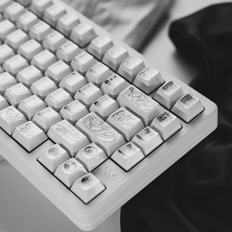 Ceramic Texture Keycaps Cherry Pbt 139 Large Full Set Of Keycap Pure White Landscape Style Retro Style Keycaps