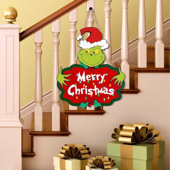 Christmas Hanging Sign Wooden Seasonal Door Wall Sign Santa Hat Green Elf Holiday Decor