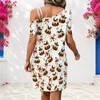 Women Plus Size One Shoulder Single Strap Short Sleeve White Printed Loose Dress
