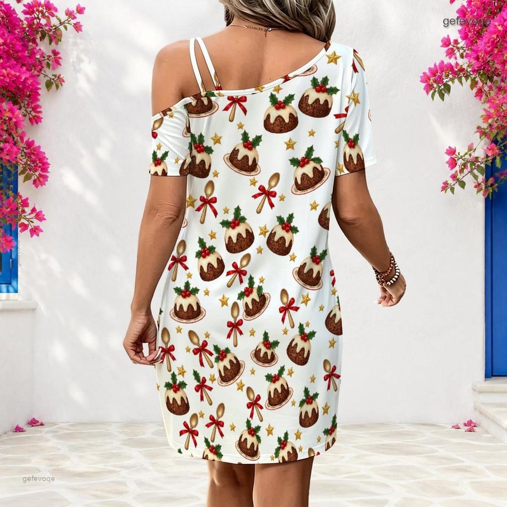 Women Plus Size One Shoulder Single Strap Short Sleeve White Printed Loose Dress