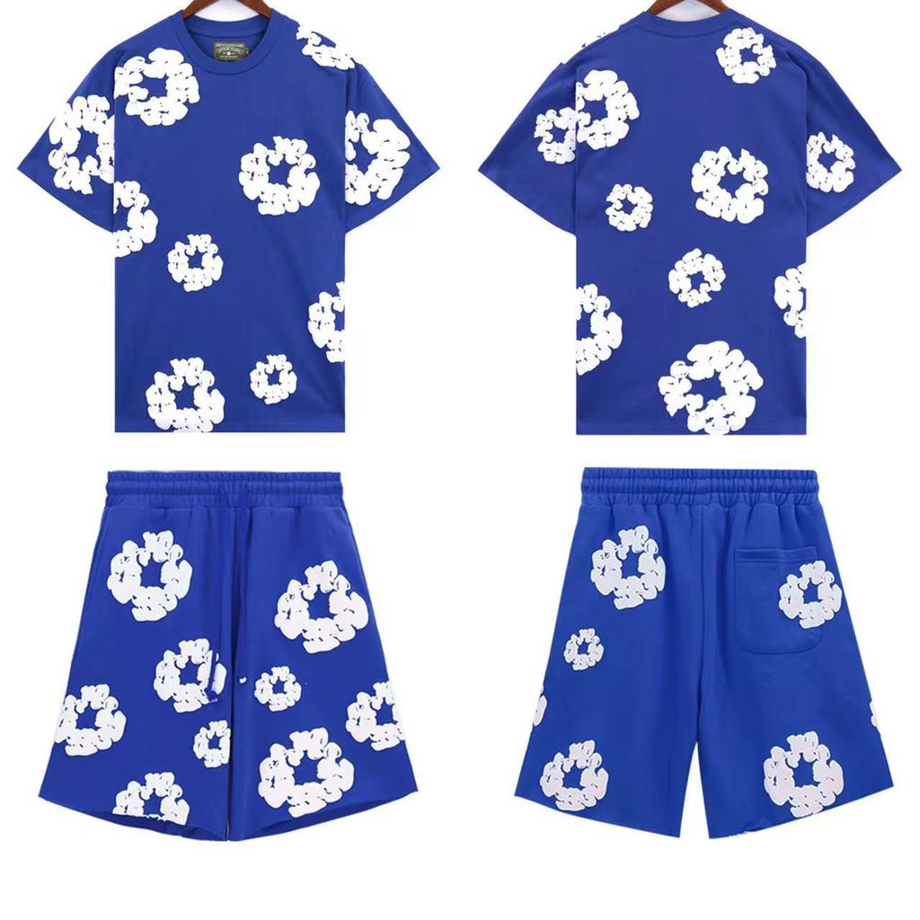 Chic Unisex Two-Piece Running Clothing Tracksuit Set 3D Kapok Foam Printing Flower Pattern Couples Short Sleeved T-shirt Shorts Set