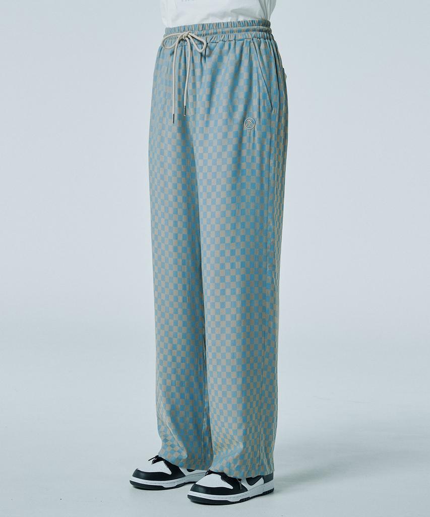 WAIKEI Checkerboard Elastic Waist Long Pants Beige Sky Blue