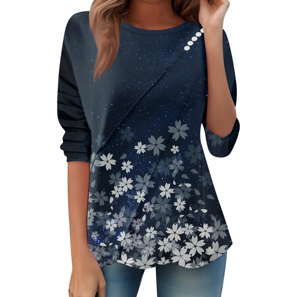 Women's Loose Casual Long Sleeve Top Round Neck Button Pull Stripe Prints T Shirt