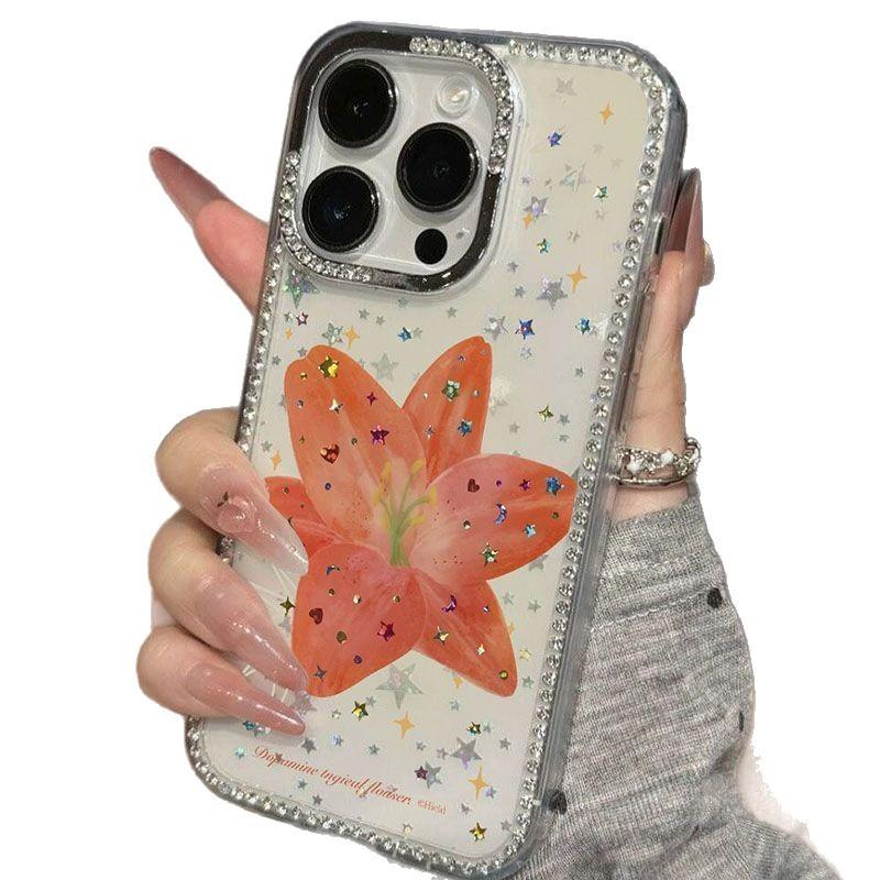 Ins летние персонализированные цветы для чехла мобильного телефона iPhone17 Apple 15/16 блестящие бриллиантовые звезды 13 лазерные 14 наборов