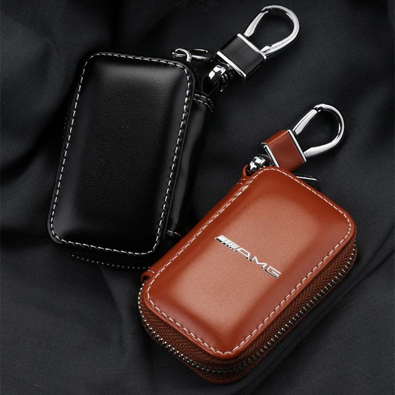 Leather Emblem Car Key Case Keychain Zipper Key Case Bag Car Accessories For Mercedes-Benz AMG C500 C200 C300 A B C E GLA CLA GLK GL ML GLE W204 W205