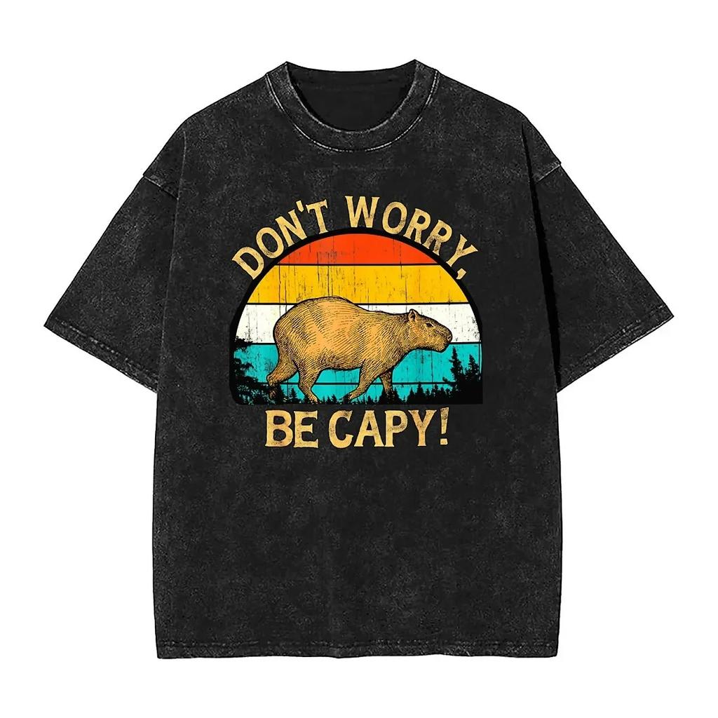 Vintage Capybara T-Shirt Summer Don't Worry Be Capy Y2K Fun T-Shirts Loose Novelty Tee Shirt For Short Sleeves Top Tees