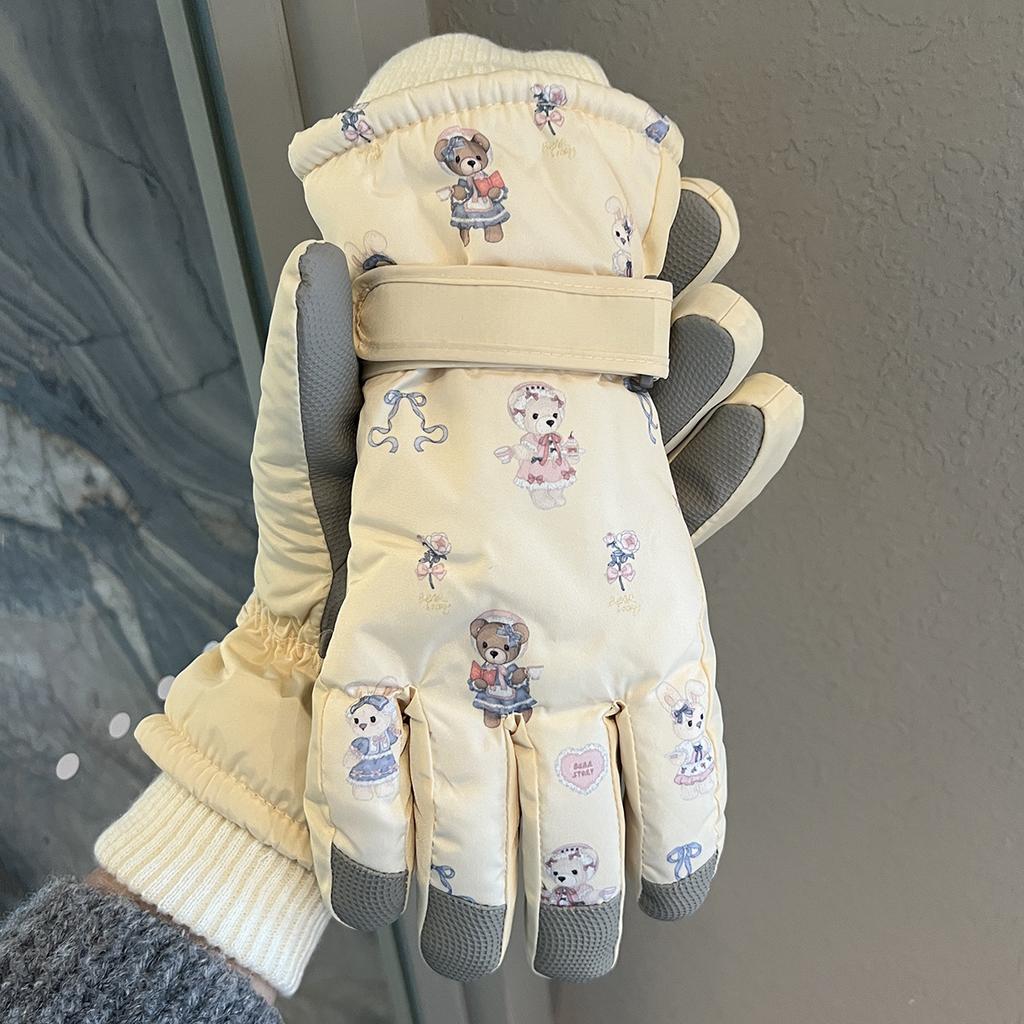 White Cute Bear Ski Gloves Winter Women's Warm and Velvet Thickened Outdoor Windproof and Cold Proof Riding Touch Screen Trend