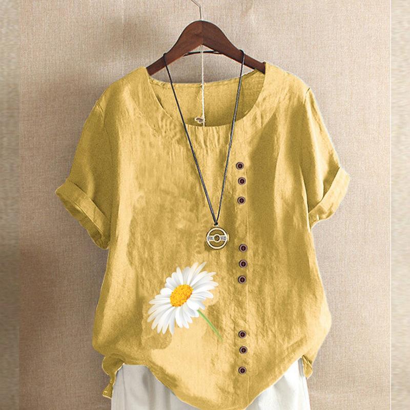 Women's New Fashion Linen Shirt Round Neck Short Sleeve Flower Printed T-shirt Summer Ladies Casual Plus Size Blouse Tops