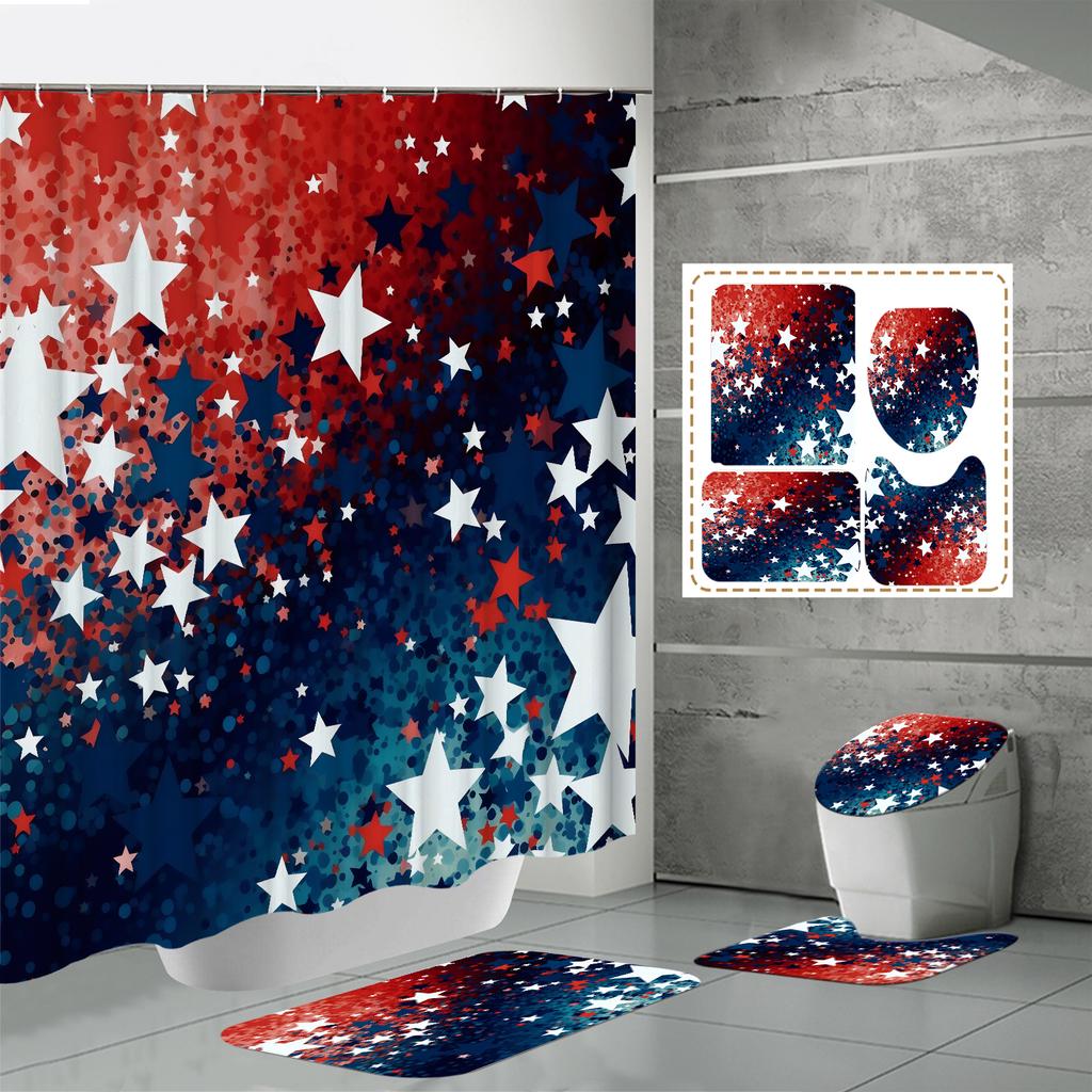 4PCS Shower Curtain Sets With Shower Curtain And Rugs Toilet Lid Rug U Shape Mat And Bath Mat Bathroom Set With 12 Hooks