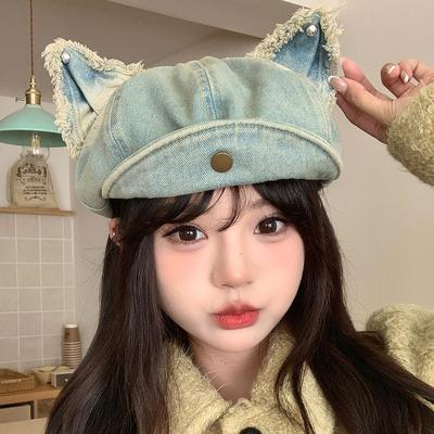 Японская шляпа с кошачьими ушками с откидным козырьком нового стиля для женщин, восьмиугольная шляпа в винтажном стиле, универсальный берет, милая джинсовая шляпа газетчика