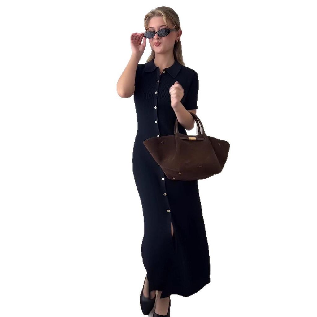 Летнее трикотажное платье с коротким рукавом и отложным воротником, приталенного силуэта, для европейских и американских женщин, 2025