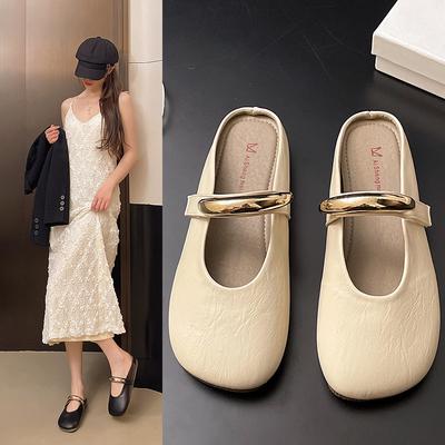 Металлическая пряжка весна и лето новые 2025 полубосоножки женские сумка носок французские ленивые на плоской подошве на одном ремешке сандалии Мэри Джейн