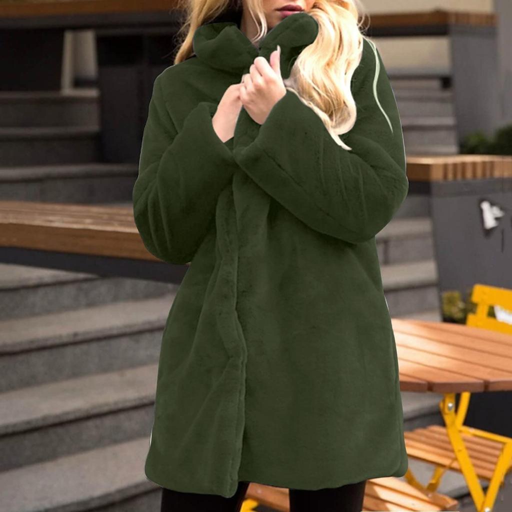 Women's Winter Faux Belt Pocket Plush Warm Jacket Notch Lapel Coat Outerwear Mid-Length