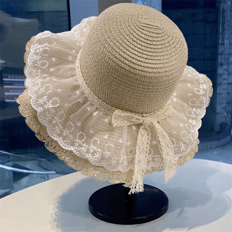 Seaside Beach Hat Lace Straw Hat Children Summer Visor Breathable Sunscreen Bucket Hat Vacation Style Straw Hat