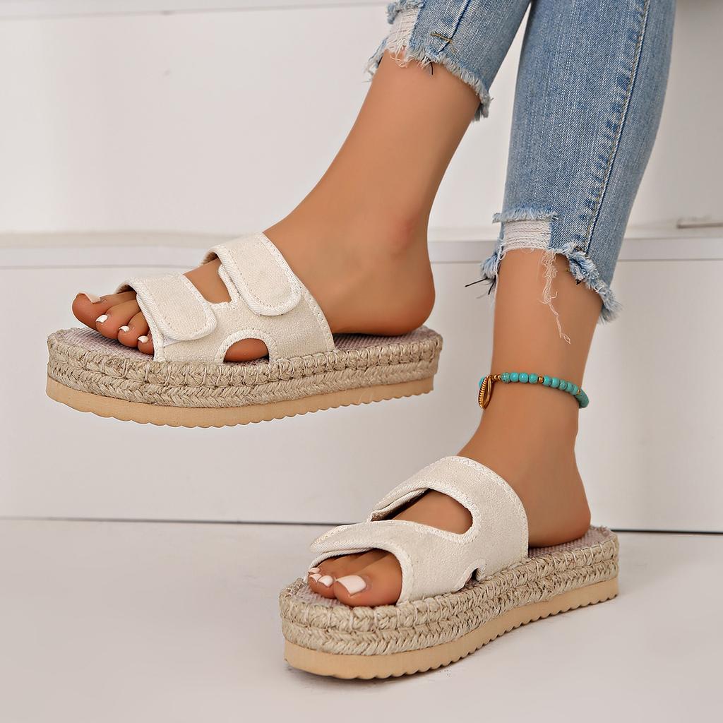Повседневная нескользящая уличная обувь, шлепанцы на толстой подошве, женские 2025 лето, новинка, нишевые шлепанцы на липучке, с подошвой из пеньковой веревки, прохладные шлепанцы с перемычкой